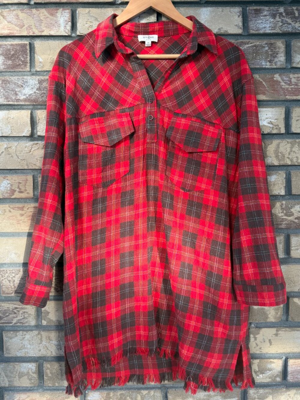 ☀️ Umgee Plaid Fringe Popover Tunic Mini Dress Red M